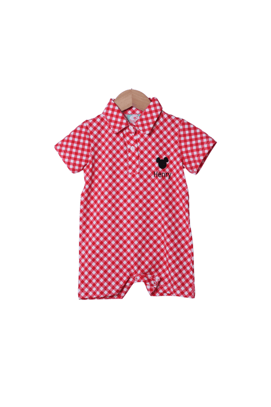 The Smocked Flamingo Apparel & Accessories Embroidered Mouse Red Gingham Polo Romper