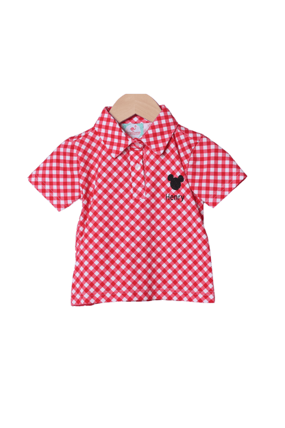 The Smocked Flamingo Apparel & Accessories Embroidered Mouse Red Gingham Polo Shirt