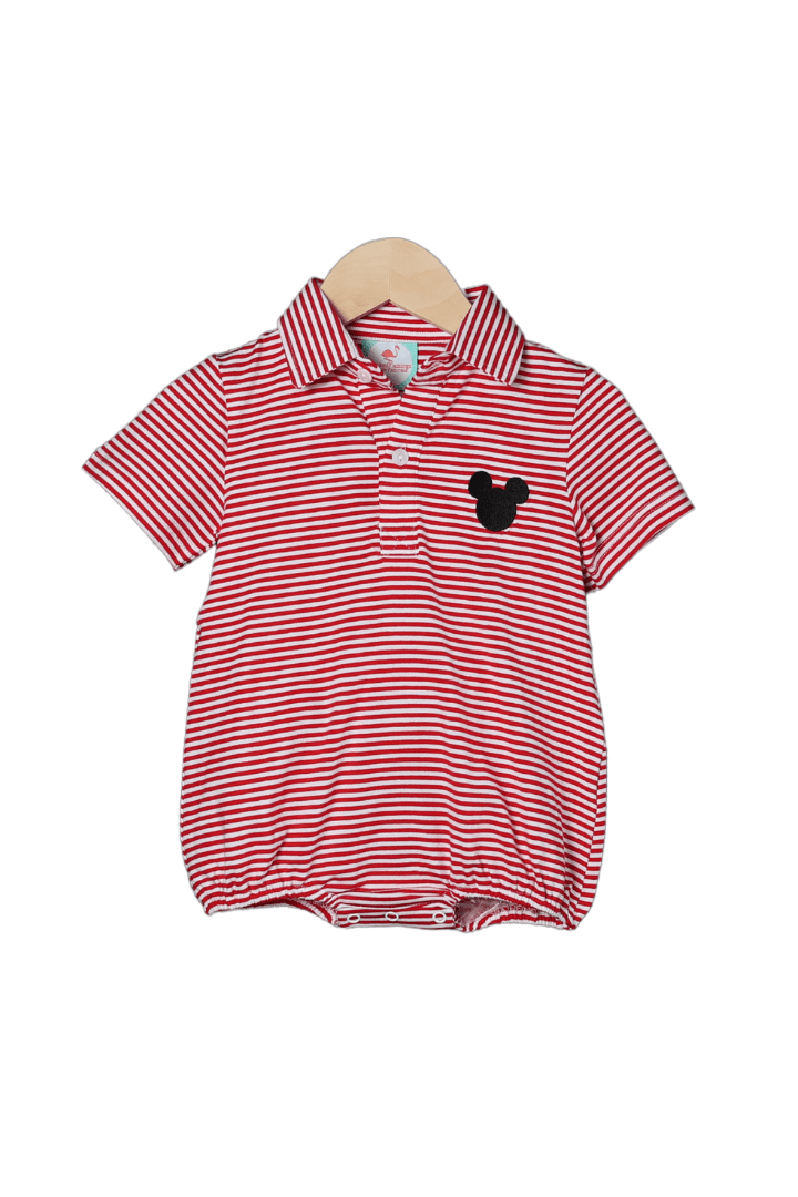 The Smocked Flamingo Apparel & Accessories Embroidered Mouse Red Stripe Polo Bubble