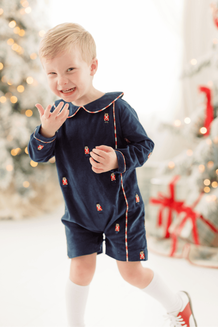 The Smocked Flamingo Apparel & Accessories Embroidered Nutcracker Navy Corduroy Short-all