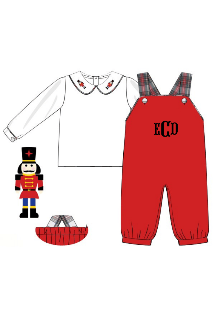 The Smocked Flamingo Apparel & Accessories Embroidered Nutcracker Tartan Plaid/Red Knit 2Pc Longall