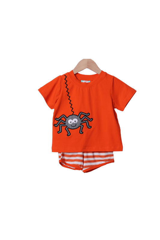 The Smocked Flamingo Apparel & Accessories Embroidered Orange Stripe Spider Short Set