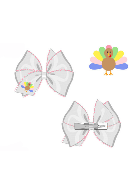 The Smocked Flamingo Apparel & Accessories Embroidered Pastel Turkey Scalloped Edge Grosgrain Bow White/Pink