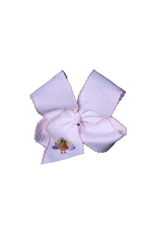 The Smocked Flamingo Apparel & Accessories Embroidered Pastel Turkey Scalloped Edge Grosgrain Bow White/Pink