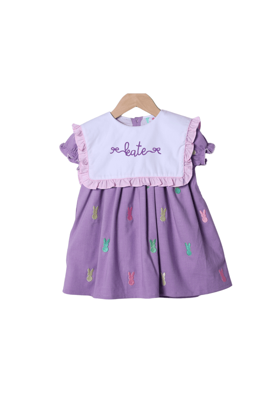 The Smocked Flamingo Apparel & Accessories Embroidered Peep Lavender Linen Bib Dress
