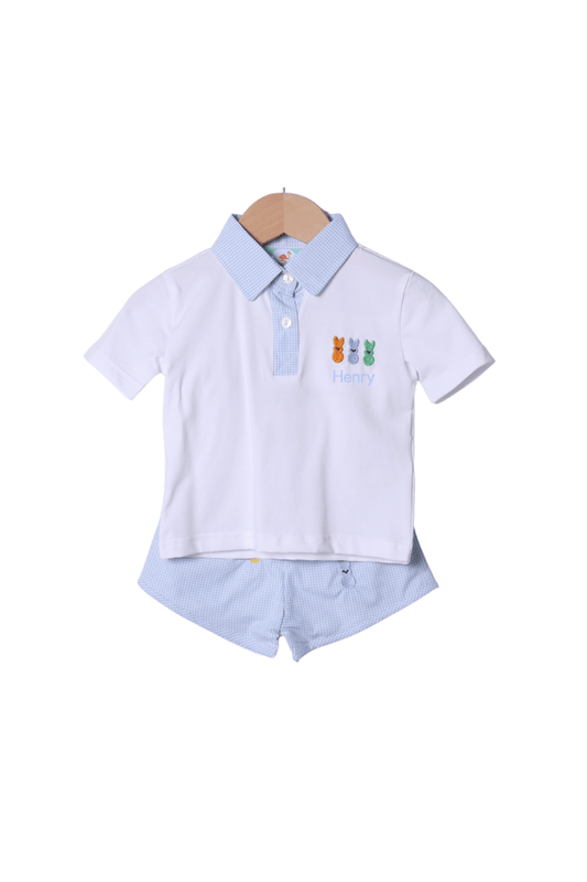 The Smocked Flamingo Apparel & Accessories Embroidered Peeps Baby Blue Gingham Polo Short Set