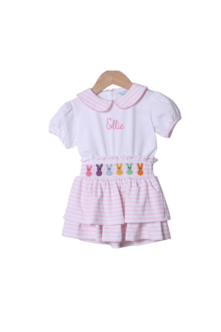 The Smocked Flamingo Apparel & Accessories Embroidered Peeps Pink Stripe Skort Set