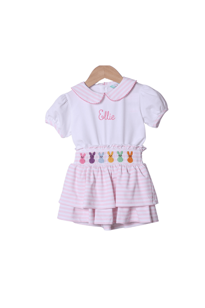 The Smocked Flamingo Apparel & Accessories Embroidered Peeps Pink Stripe Skort Set