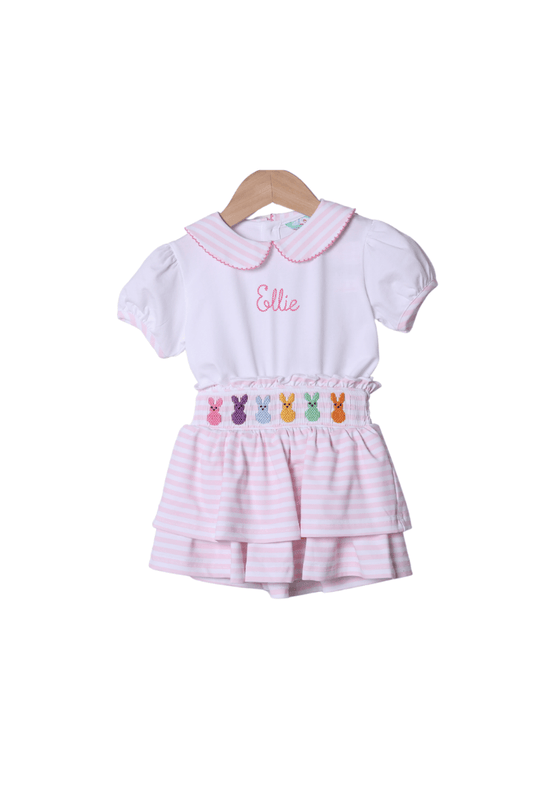 The Smocked Flamingo Apparel & Accessories Embroidered Peeps Pink Stripe Skort Set
