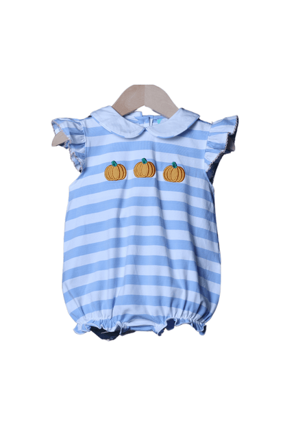 The Smocked Flamingo Apparel & Accessories Embroidered Pumpkin Blue Flutter Sleeve Knit Stripe Bubble