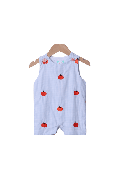 The Smocked Flamingo Apparel & Accessories Embroidered Pumpkin Blue Gingham Jon Jon