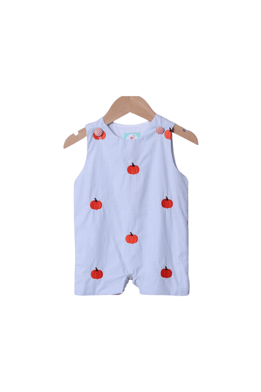 The Smocked Flamingo Apparel & Accessories Embroidered Pumpkin Blue Gingham Jon Jon