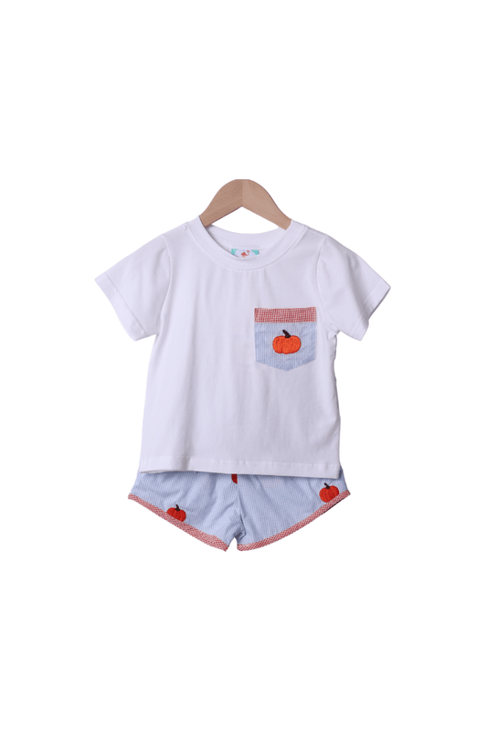 The Smocked Flamingo Apparel & Accessories Embroidered Pumpkin Blue Gingham Short Set