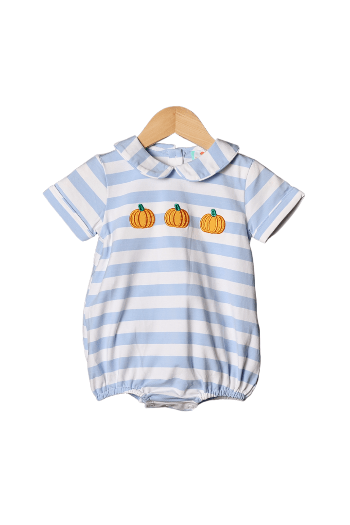 The Smocked Flamingo Apparel & Accessories Embroidered Pumpkin Blue Knit Stripe Bubble