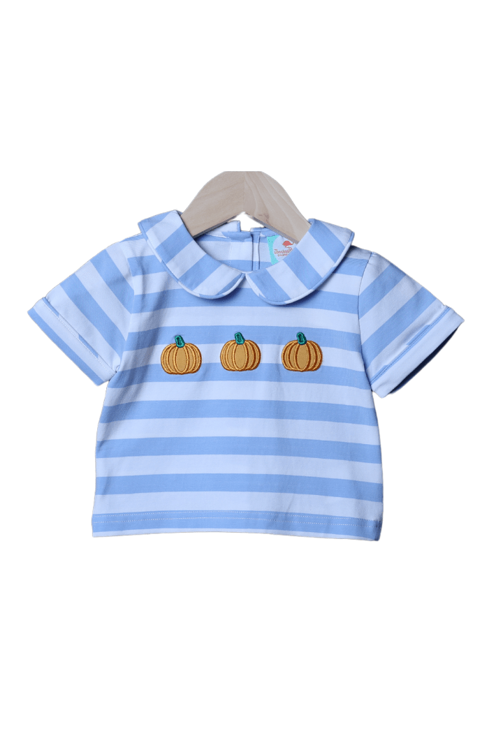 The Smocked Flamingo Apparel & Accessories Embroidered Pumpkin Blue Knit Stripe Shirt