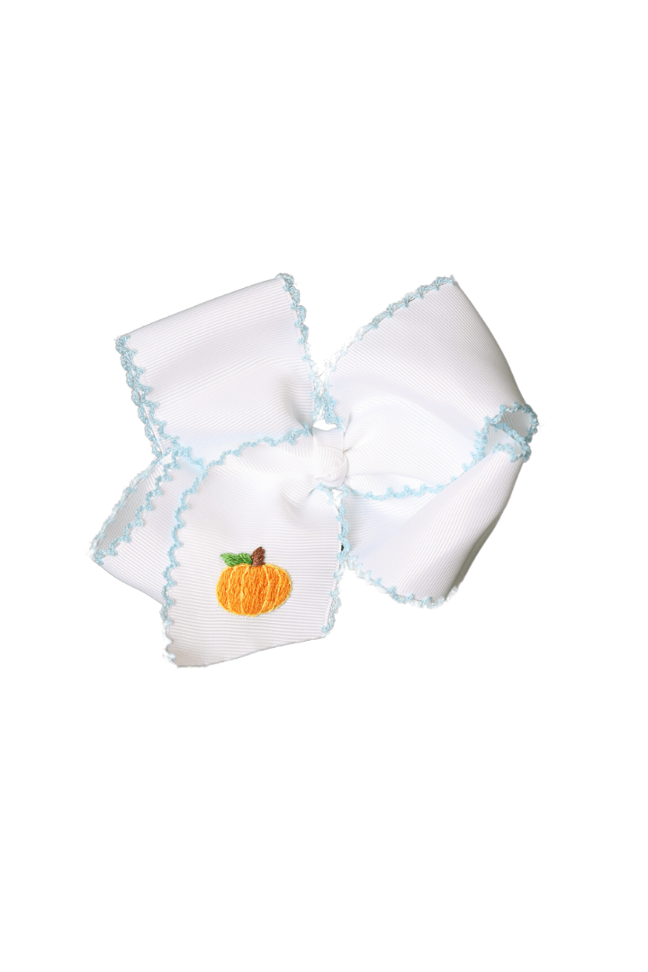 The Smocked Flamingo Apparel & Accessories Embroidered Pumpkin Scalloped Edge Grosgrain Bow White/Blue