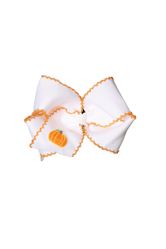 The Smocked Flamingo Apparel & Accessories Embroidered Pumpkin Scalloped Edge Grosgrain Bow White/Orange