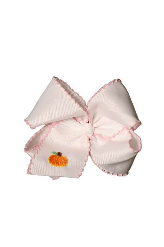 The Smocked Flamingo Apparel & Accessories Embroidered Pumpkin Scalloped Edge Grosgrain Bow White/Pink