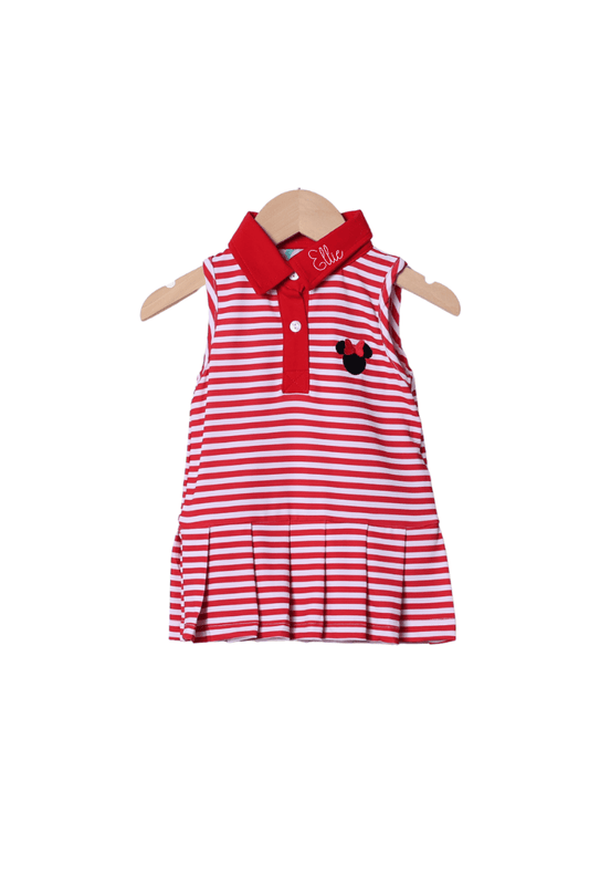The Smocked Flamingo Apparel & Accessories Embroidered Red Stripe Mouse Park Dress
