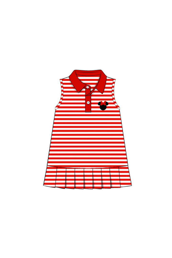 The Smocked Flamingo Apparel & Accessories Embroidered Red Stripe Mouse Park Dress