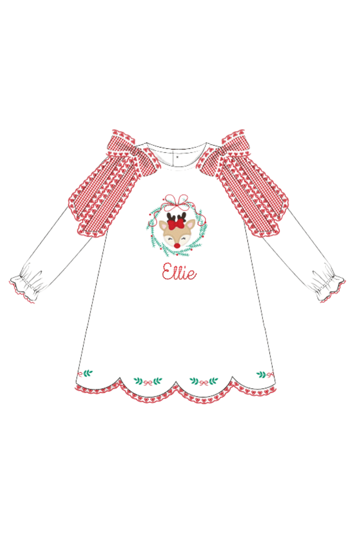 The Smocked Flamingo Apparel & Accessories Embroidered Reindeer Wreath Honeycomb Red Gingham Scalloped Dress