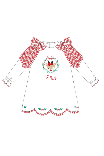 The Smocked Flamingo Apparel & Accessories Embroidered Reindeer Wreath Honeycomb Red Gingham Scalloped Dress