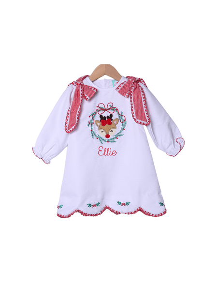 The Smocked Flamingo Apparel & Accessories Embroidered Reindeer Wreath Honeycomb Red Gingham Scalloped Dress