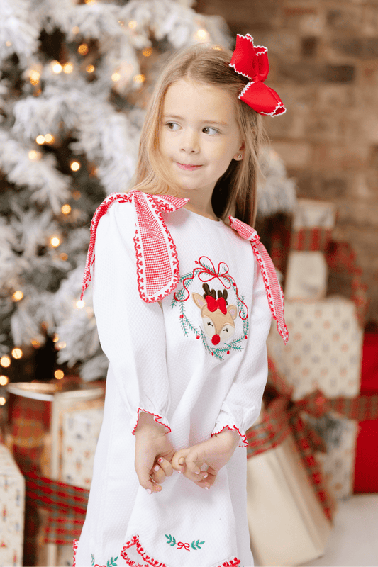 The Smocked Flamingo Apparel & Accessories Embroidered Reindeer Wreath Honeycomb Red Gingham Scalloped Dress
