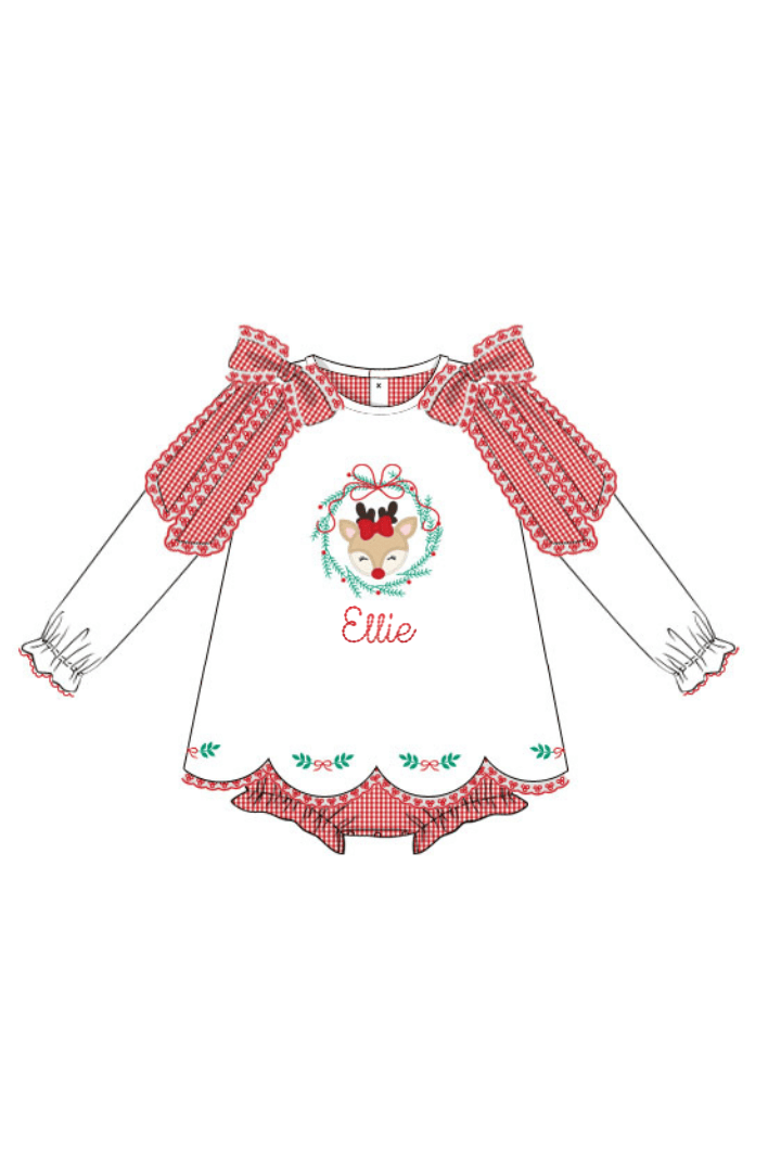 The Smocked Flamingo Apparel & Accessories Embroidered Reindeer Wreath Honeycomb Red Gingham Scalloped Skirted Bubble