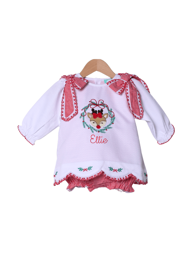 The Smocked Flamingo Apparel & Accessories Embroidered Reindeer Wreath Honeycomb Red Gingham Scalloped Skirted Bubble