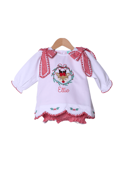 The Smocked Flamingo Apparel & Accessories Embroidered Reindeer Wreath Honeycomb Red Gingham Scalloped Skirted Bubble
