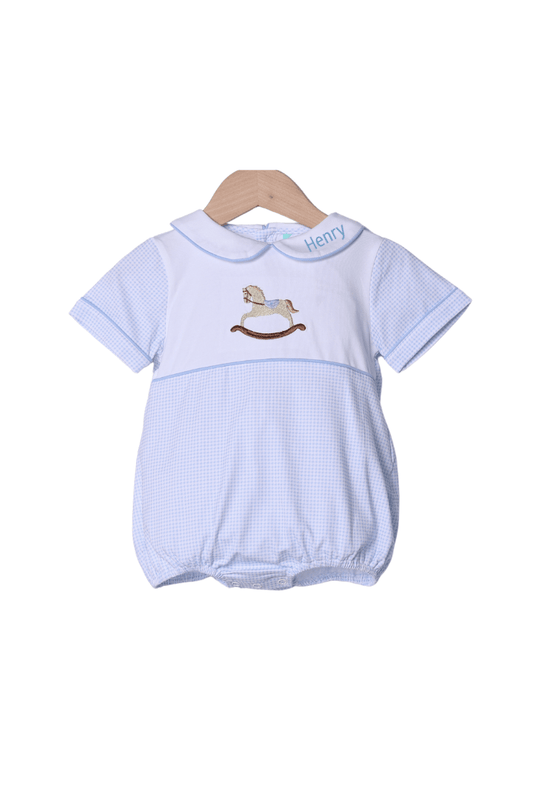 The Smocked Flamingo Apparel & Accessories Embroidered Rocking Horse Blue Gingham Knit Bubble