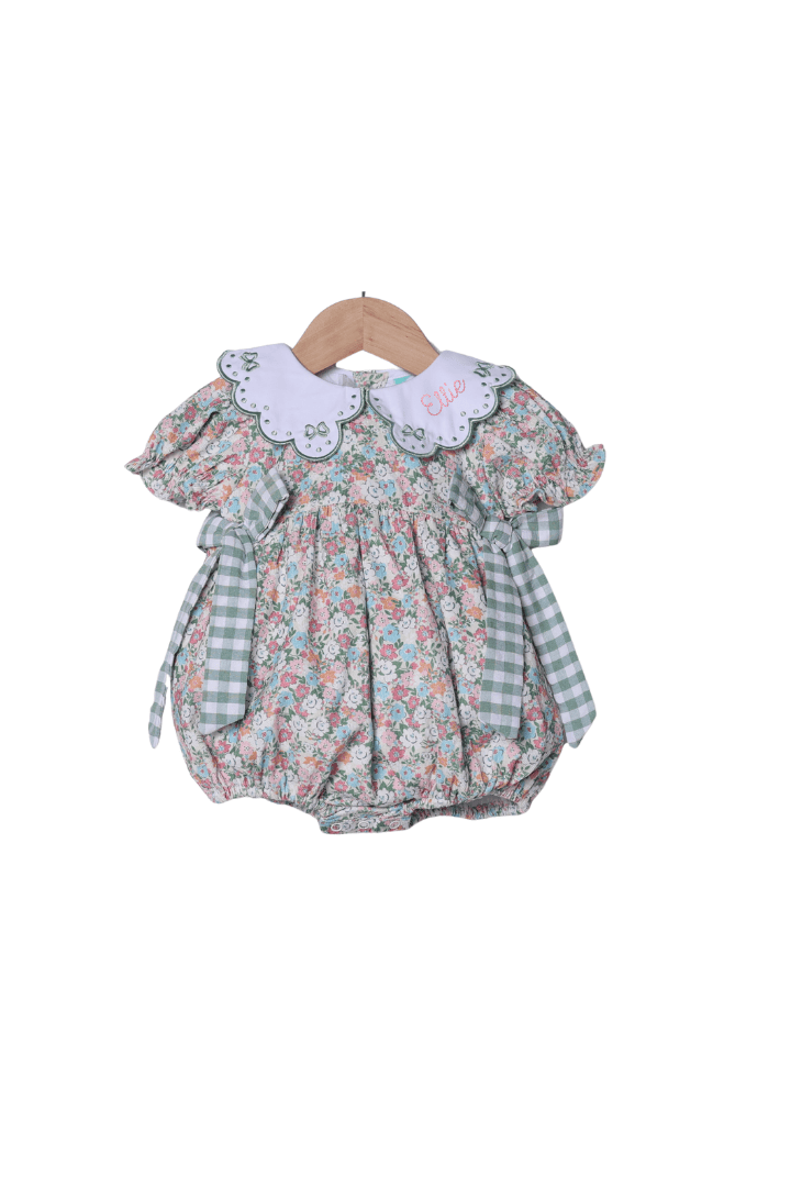 The Smocked Flamingo Apparel & Accessories Embroidered Sage Green Floral Corduroy Bow Bubble