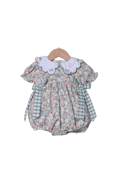 The Smocked Flamingo Apparel & Accessories Embroidered Sage Green Floral Corduroy Bow Bubble