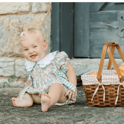 The Smocked Flamingo Apparel & Accessories Embroidered Sage Green Floral Corduroy Bow Bubble