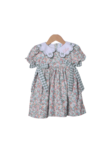 The Smocked Flamingo Apparel & Accessories Embroidered Sage Green Floral Corduroy Bow Dress