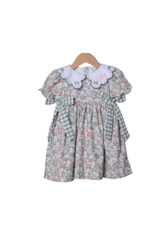The Smocked Flamingo Apparel & Accessories Embroidered Sage Green Floral Corduroy Bow Dress