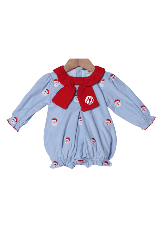 The Smocked Flamingo Apparel & Accessories Embroidered Santa Blue Corduroy Bow Bubble