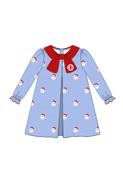 The Smocked Flamingo Apparel & Accessories Embroidered Santa Blue Corduroy Bow Dress