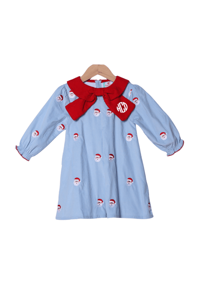 The Smocked Flamingo Apparel & Accessories Embroidered Santa Blue Corduroy Bow Dress