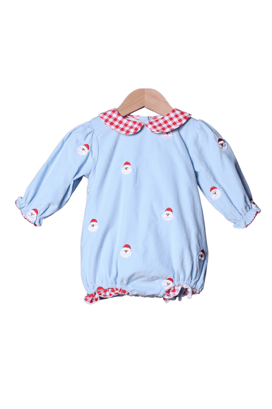 The Smocked Flamingo Apparel & Accessories Embroidered Santa Blue Corduroy/Red Gingham Bubble