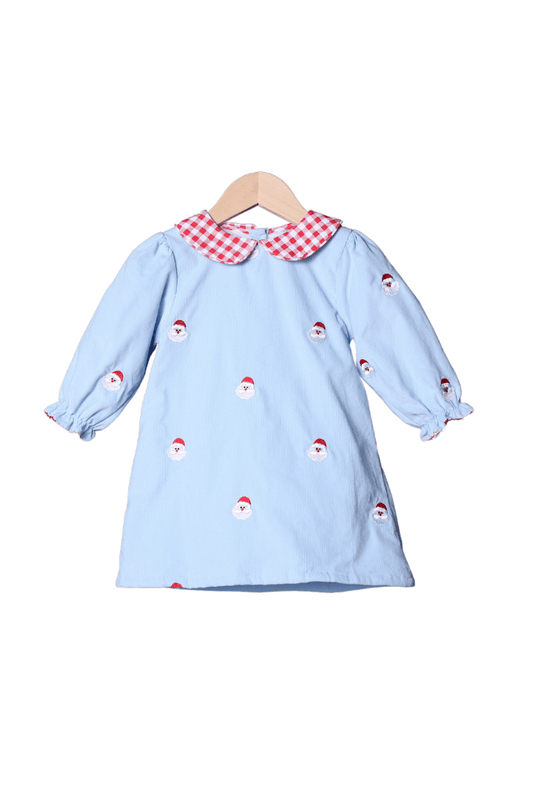 The Smocked Flamingo Apparel & Accessories Embroidered Santa Blue Corduroy/Red Gingham Dress