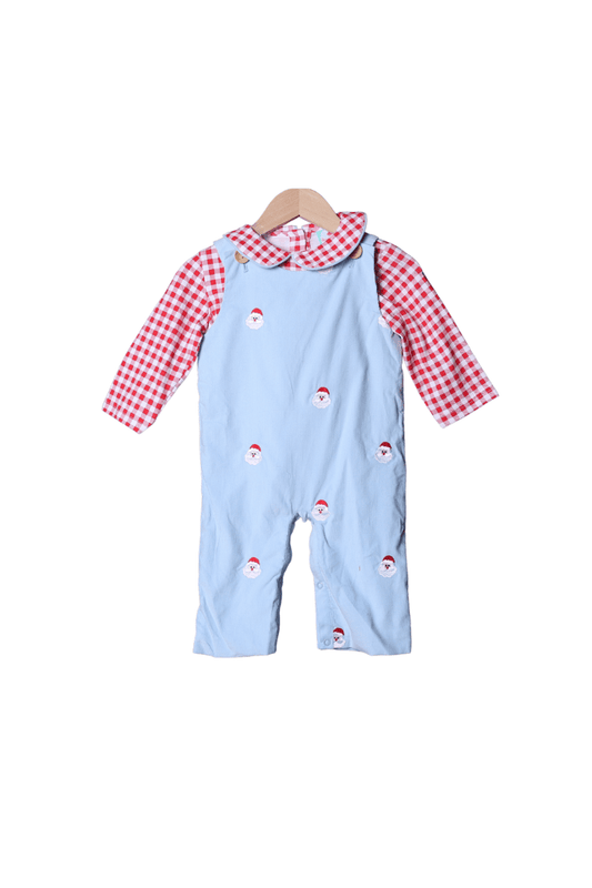 The Smocked Flamingo Apparel & Accessories Embroidered Santa Blue Corduroy/Red Gingham Knit Longall