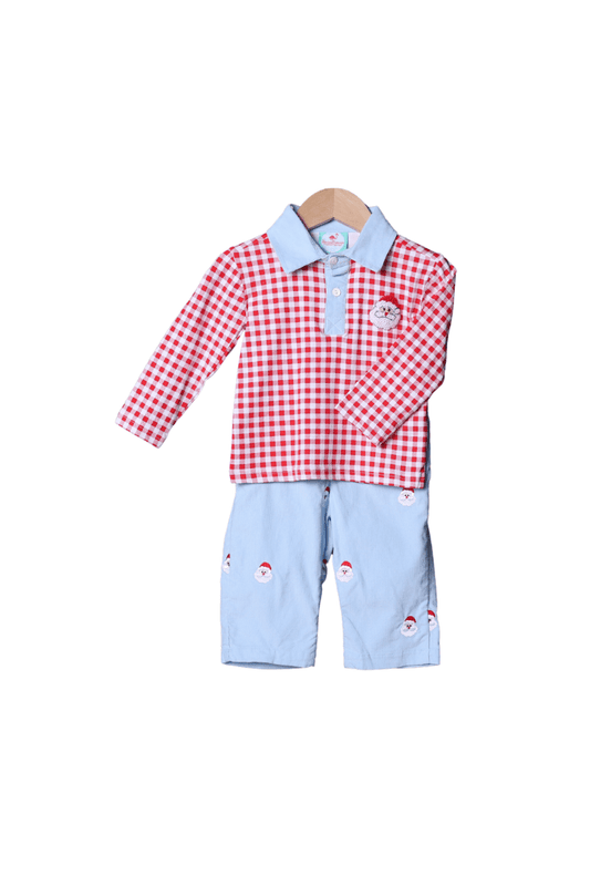 The Smocked Flamingo Apparel & Accessories Embroidered Santa Blue Corduroy/Red Gingham Knit Pant Set