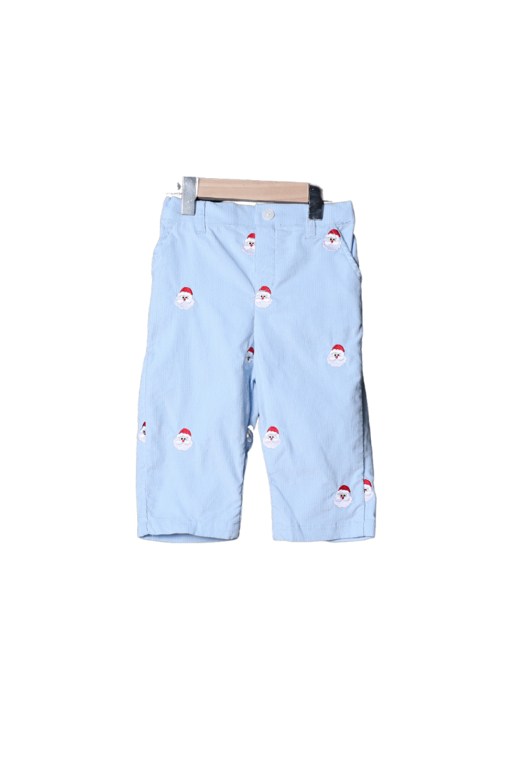 The Smocked Flamingo Apparel & Accessories Embroidered Santa Blue Corduroy/Red Gingham Knit Pant Set