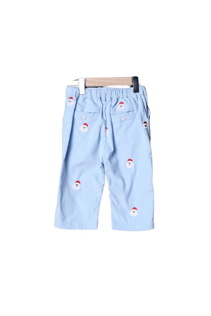 The Smocked Flamingo Apparel & Accessories Embroidered Santa Blue Corduroy/Red Gingham Knit Pant Set