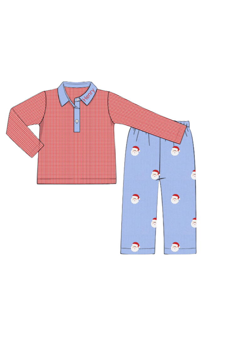 The Smocked Flamingo Apparel & Accessories Embroidered Santa Blue Corduroy/Red Gingham Pant Set