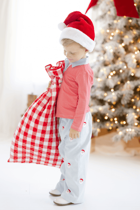 The Smocked Flamingo Apparel & Accessories Embroidered Santa Blue Corduroy/Red Gingham Pant Set