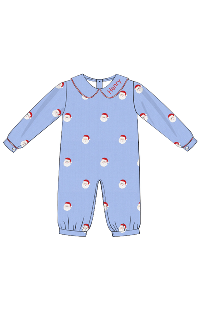 The Smocked Flamingo Apparel & Accessories Embroidered Santa Blue Corduroy/Red Gingham Romper