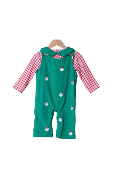 The Smocked Flamingo Apparel & Accessories Embroidered Santa Green Corduroy 2pc Longall Set